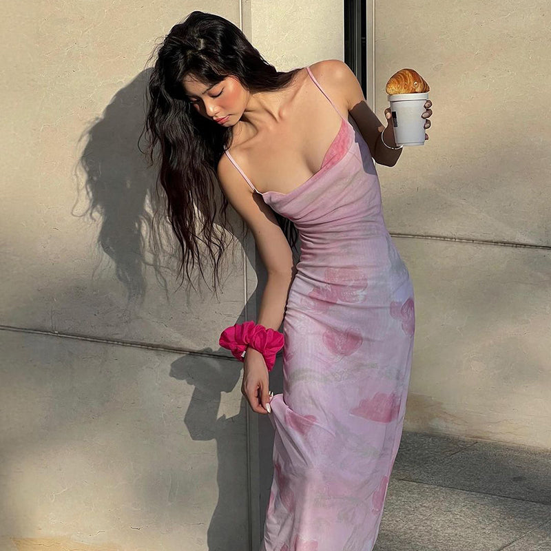 French Print Spaghetti Strap Mesh Backless Suspender Dress ED01402