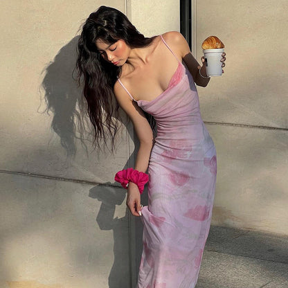 French Print Spaghetti Strap Mesh Backless Suspender Dress ED01402