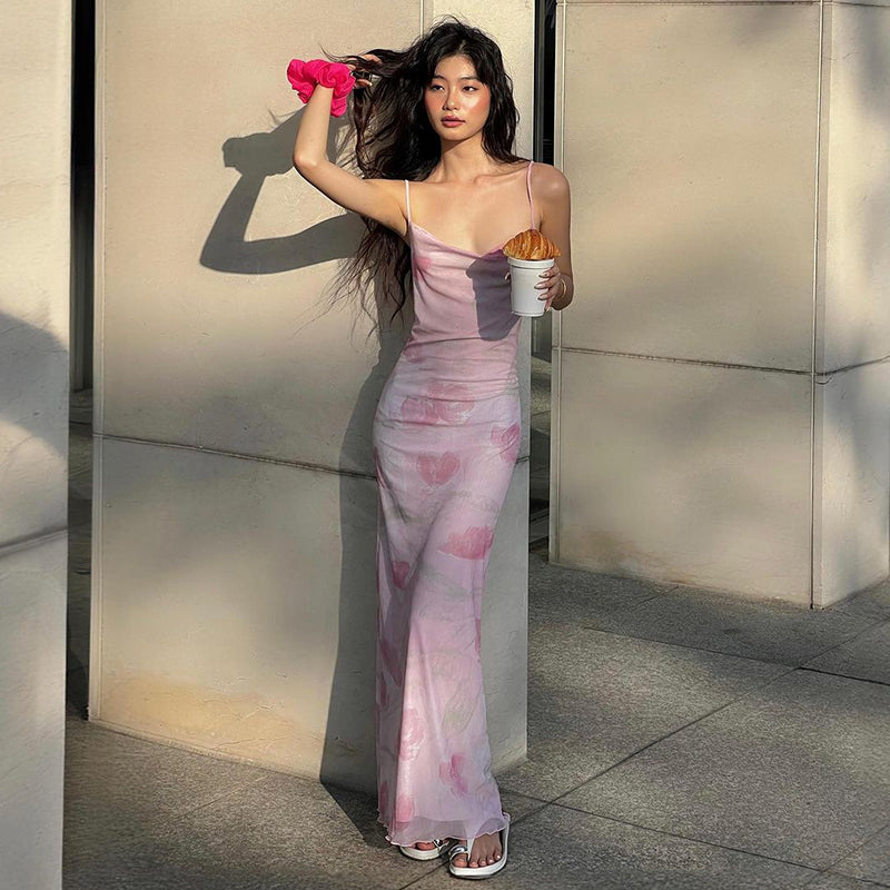 French Print Spaghetti Strap Mesh Backless Suspender Dress ED01402