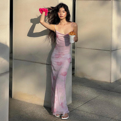 French Print Spaghetti Strap Mesh Backless Suspender Dress ED01402