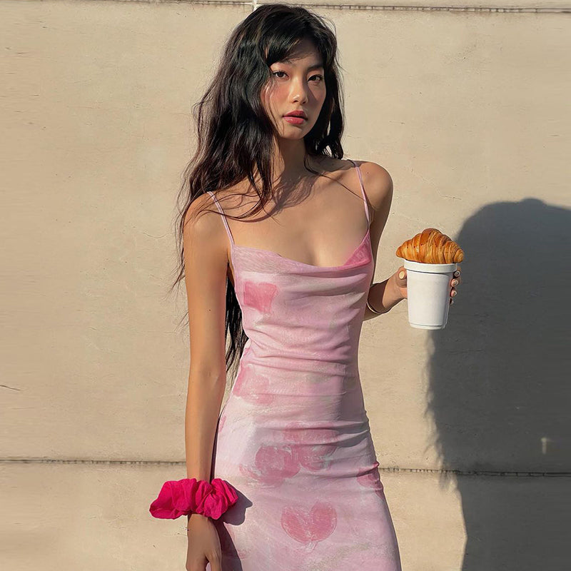 French Print Spaghetti Strap Mesh Backless Suspender Dress ED01402