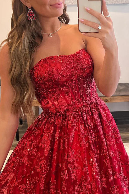 A-line Sequined Lace Strapless Long Prom Dress with Pocketss ED01405