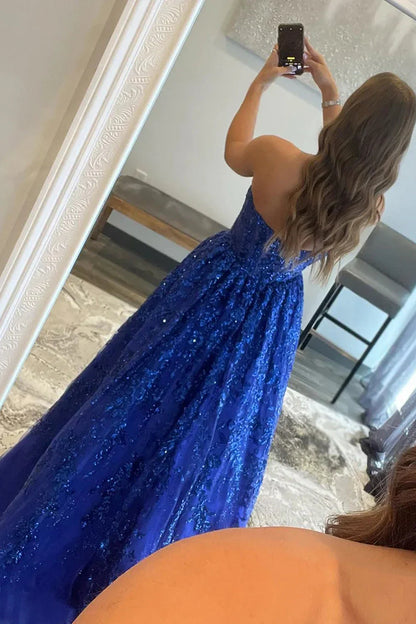 A-line Sequined Lace Strapless Long Prom Dress with Pocketss ED01405