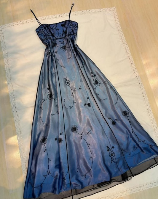 Vintage Blue Gradient Empire Prom Dresses Backless Romantic Beaded Evening Dresses  ED01406