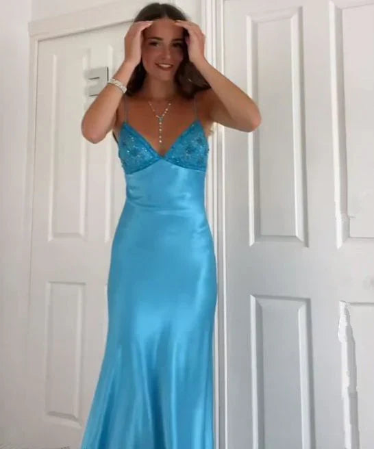 Elegant Blue🩵 Spaghetti Strap Mermaid Gown for Prom&Party Sleeveless Satin Vintage Formal Evening Dress  ED01407