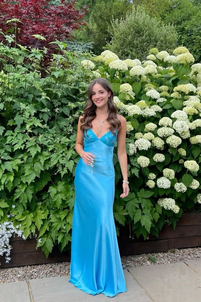 Elegant Blue🩵 Spaghetti Strap Mermaid Gown for Prom&Party Sleeveless Satin Vintage Formal Evening Dress  ED01407