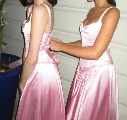 A Line Elegant Spaghetti Straps Floor-length Satin Long Pink Evening Dress Prom Dress ED01409