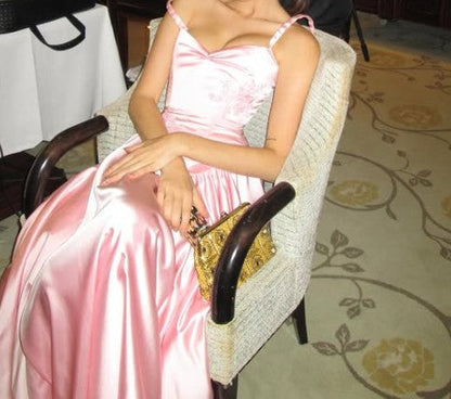 A Line Elegant Spaghetti Straps Floor-length Satin Long Pink Evening Dress Prom Dress ED01409