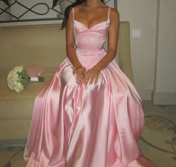 A Line Elegant Spaghetti Straps Floor-length Satin Long Pink Evening Dress Prom Dress ED01409