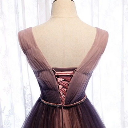 A-Line Deep V neck Pleated Purple Tulle Formal Prom Dress Flowing ED01412