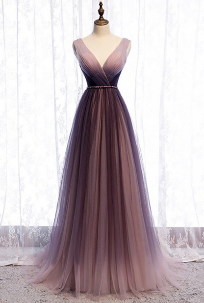 A-Line Deep V neck Pleated Purple Tulle Formal Prom Dress Flowing ED01412