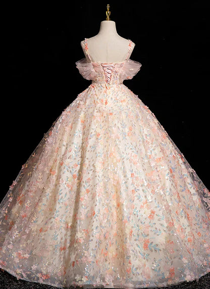 Pink A-line Spaghetti Straps Lace Tulle Flowers Sweetheart Long Prom Dress, Pink Off Shoulder Sweet 16 Dress ED01414