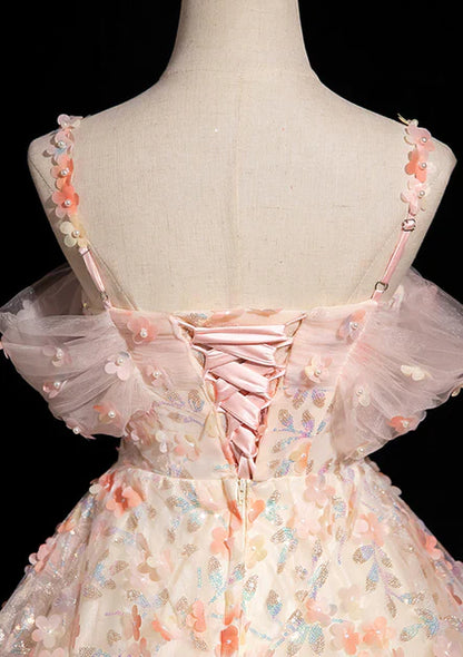 Pink A-line Spaghetti Straps Lace Tulle Flowers Sweetheart Long Prom Dress, Pink Off Shoulder Sweet 16 Dress ED01414