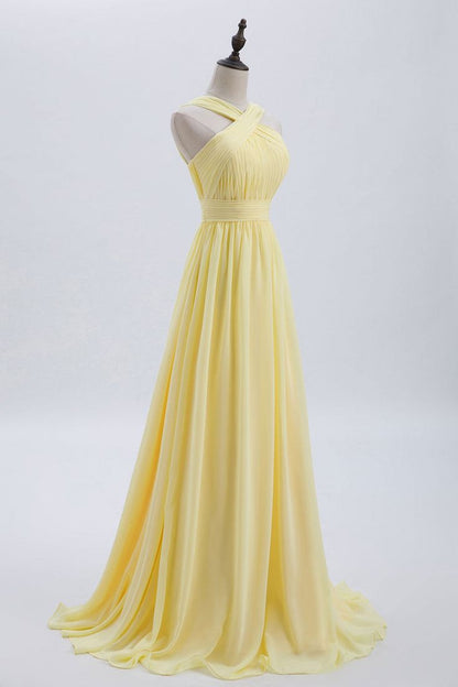Cross Front Pale Yellow Pleated Chiffon Long Bridesmaid Dress Long Prom Dress ED01417