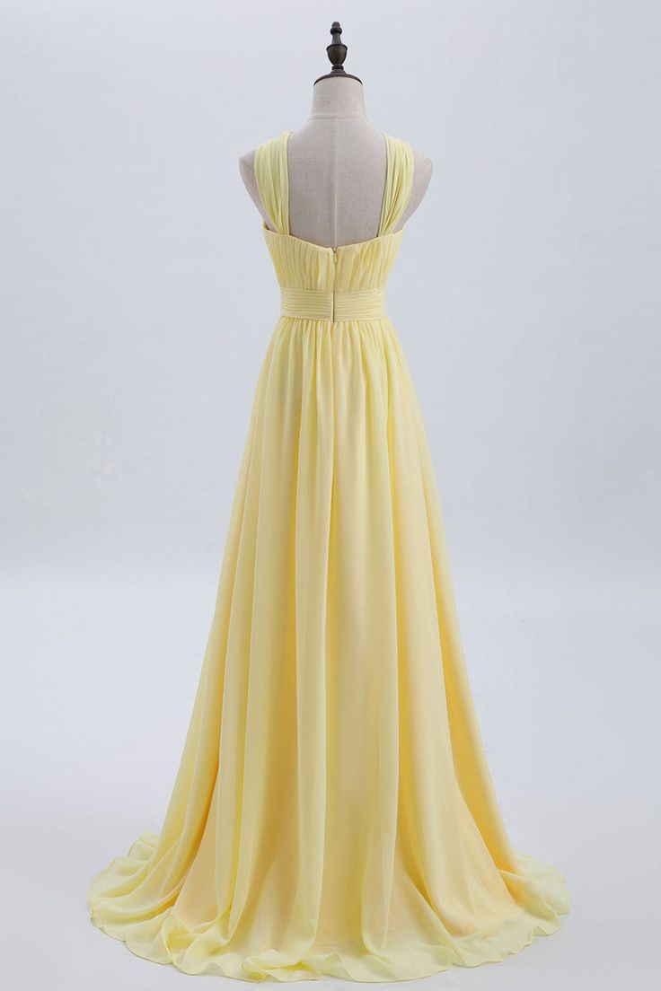 Cross Front Pale Yellow Pleated Chiffon Long Bridesmaid Dress Long Prom Dress ED01417