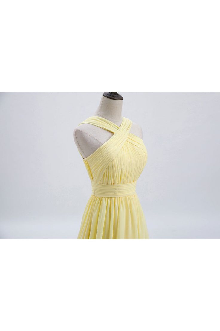 Cross Front Pale Yellow Pleated Chiffon Long Bridesmaid Dress Long Prom Dress ED01417