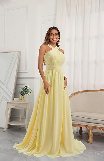Cross Front Pale Yellow Pleated Chiffon Long Bridesmaid Dress Long Prom Dress ED01417