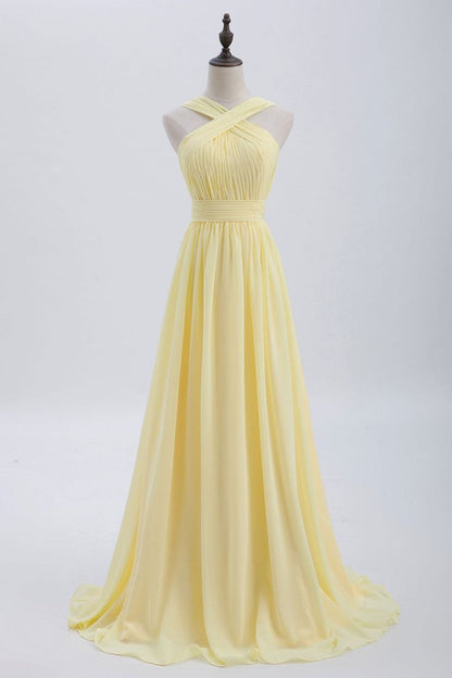 Cross Front Pale Yellow Pleated Chiffon Long Bridesmaid Dress Long Prom Dress ED01417
