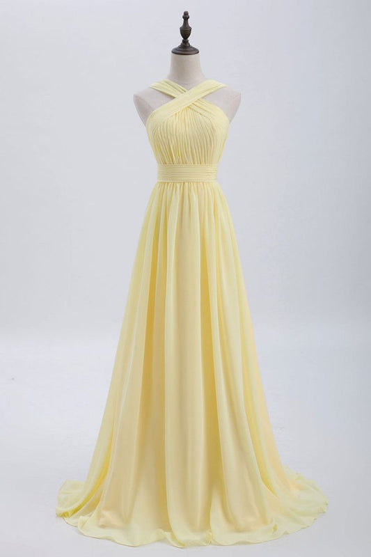 Cross Front Pale Yellow Pleated Chiffon Long Bridesmaid Dress Long Prom Dress ED01417