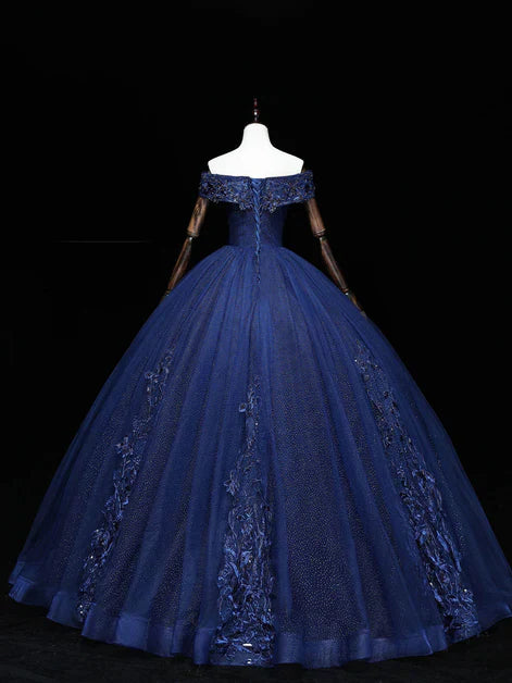 Navy Blue A-Line Tulle Beading Off Shoulder Party Dress, Navy Blue Lace Applique Sequin Prom Dress ED01418
