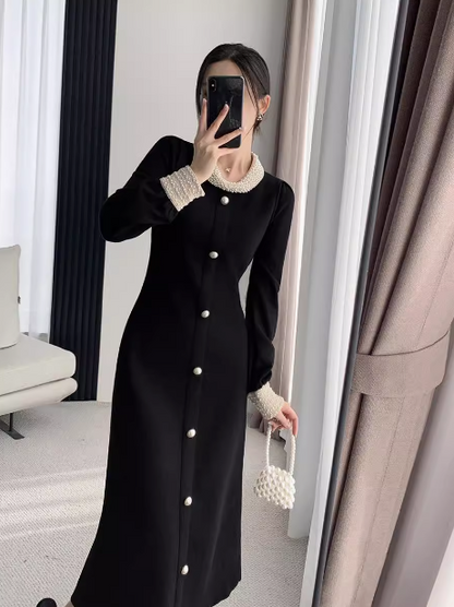 French high-end heavy-duty Hepburn style long-sleeved autumn and winter knitted long skirt ED0141