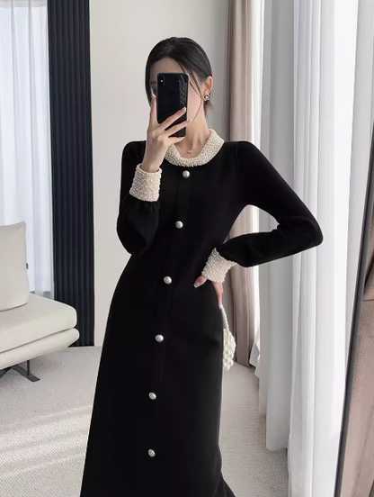 French high-end heavy-duty Hepburn style long-sleeved autumn and winter knitted long skirt ED0141