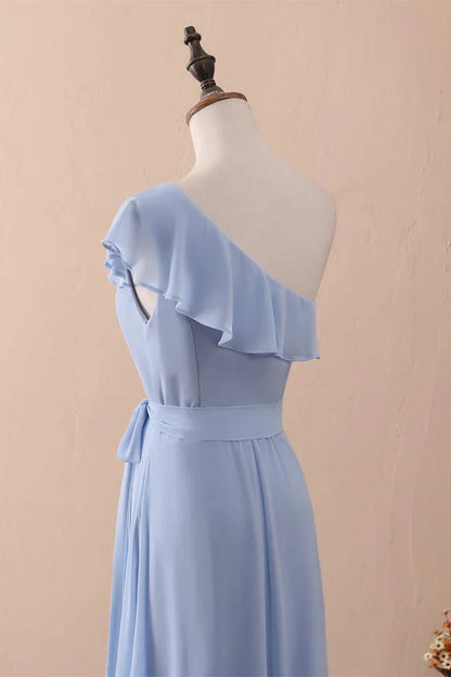 Periwinkle A-Line One-Shoulder Ruffled Chiffon Long Bridesmaid Dress Prom Dress ED01421