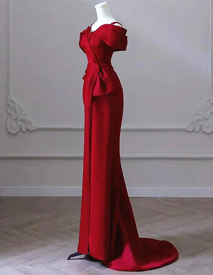 Burgundy Mermaid Off Shoulder Satin Long Prom Dress Dress, Simple Evening Dress ED01422