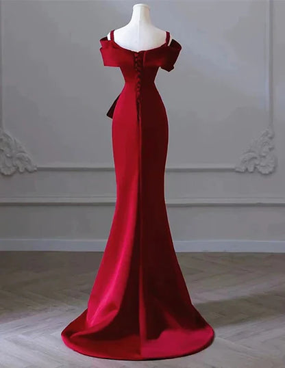 Burgundy Mermaid Off Shoulder Satin Long Prom Dress Dress, Simple Evening Dress ED01422