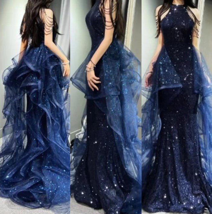 Elegant A-Line Navy Blue Halter Sparkly Sequins Long Prom Dresses Formal Evening Dresses ED01427