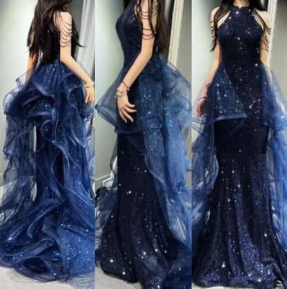 Elegant A-Line Navy Blue Halter Sparkly Sequins Long Prom Dresses Formal Evening Dresses ED01427