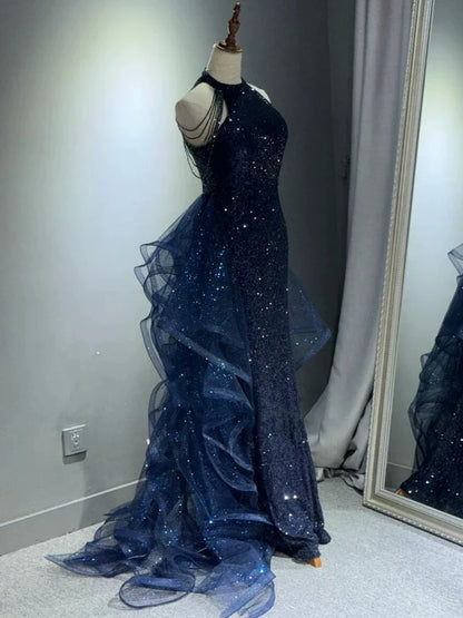 Elegant A-Line Navy Blue Halter Sparkly Sequins Long Prom Dresses Formal Evening Dresses ED01427