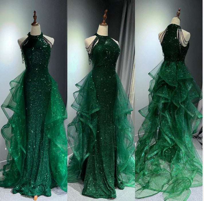 Elegant A-Line Navy Blue Halter Sparkly Sequins Long Prom Dresses Formal Evening Dresses ED01427