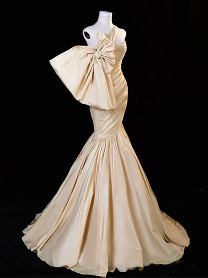 Mermaid One Shoulder Satin Champagne Long Prom Dress, Champagne Long Evening Dress ED01428