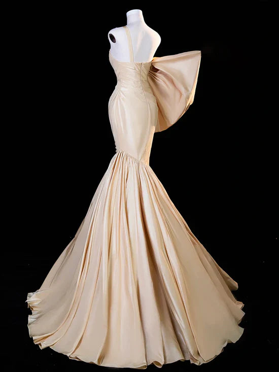 Mermaid One Shoulder Satin Champagne Long Prom Dress, Champagne Long Evening Dress ED01428