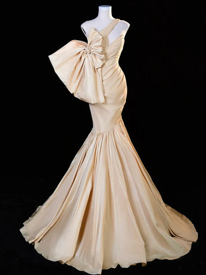 Mermaid One Shoulder Satin Champagne Long Prom Dress, Champagne Long Evening Dress ED01428