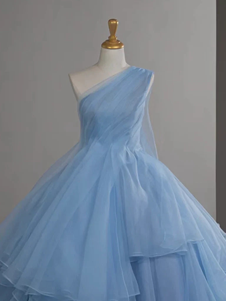 A-Line One Shoulder Tulle Blue Long Prom Dress, Blue Long Evening Dress ED01429
