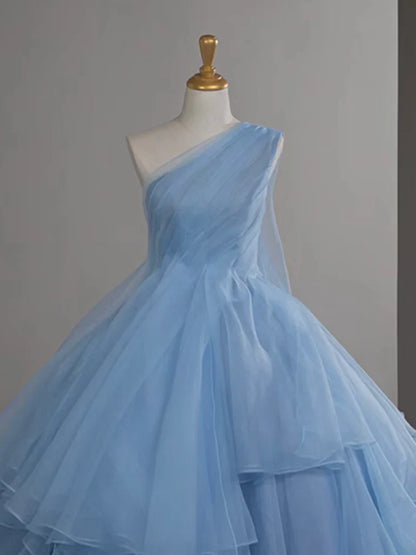 A-Line One Shoulder Tulle Blue Long Prom Dress, Blue Long Evening Dress ED01429