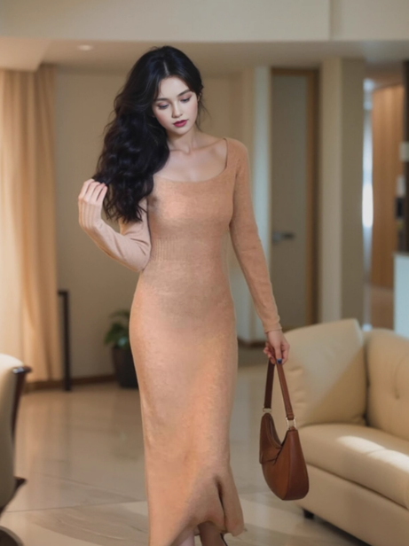 French style slim fit gentle temperament square collar can be worn with knitted hip skirt ED0142