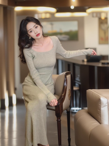 French style slim fit gentle temperament square collar can be worn with knitted hip skirt ED0142