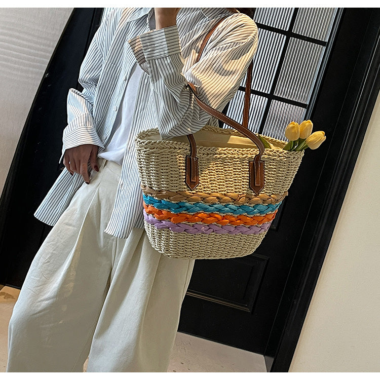 Rainbow striped straw bag beach seaside holiday large capacity handbag ED01430