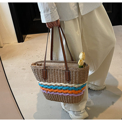 Rainbow striped straw bag beach seaside holiday large capacity handbag ED01430