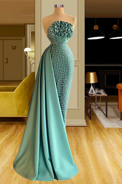 Elegant Strapless Long Green Satin Mermaid Sleeveless Beading Prom Dresses With Ruffles Long ED01437