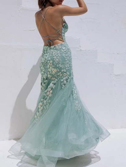 Tiffany Blue Spaghetti Straps Lace Appliques Mermaid V-Neck Tulle Long Prom Dress ED01438