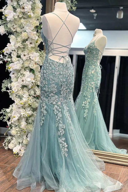 Tiffany Blue Spaghetti Straps Lace Appliques Mermaid V-Neck Tulle Long Prom Dress ED01438
