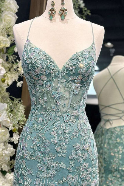 Tiffany Blue Spaghetti Straps Lace Appliques Mermaid V-Neck Tulle Long Prom Dress ED01438