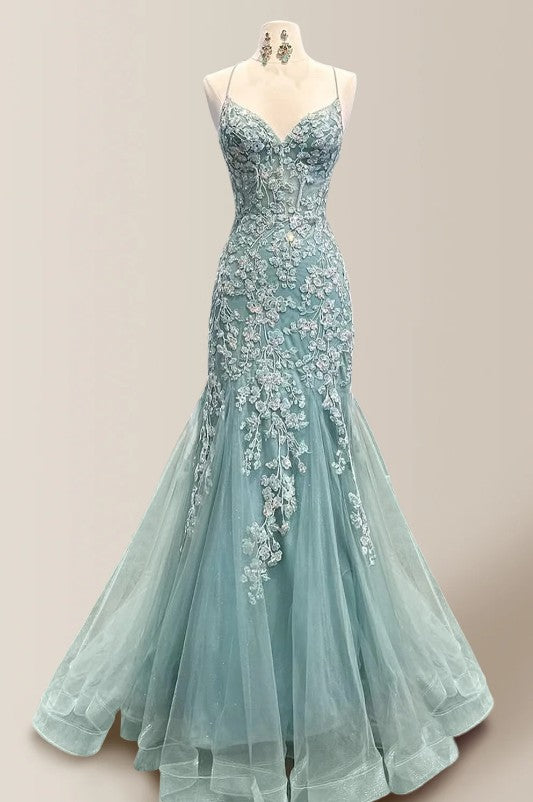 Tiffany Blue Spaghetti Straps Lace Appliques Mermaid V-Neck Tulle Long Prom Dress ED01438