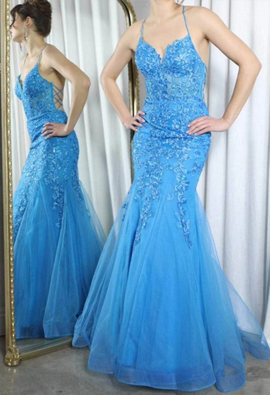 Tiffany Blue Spaghetti Straps Lace Appliques Mermaid V-Neck Tulle Long Prom Dress ED01438