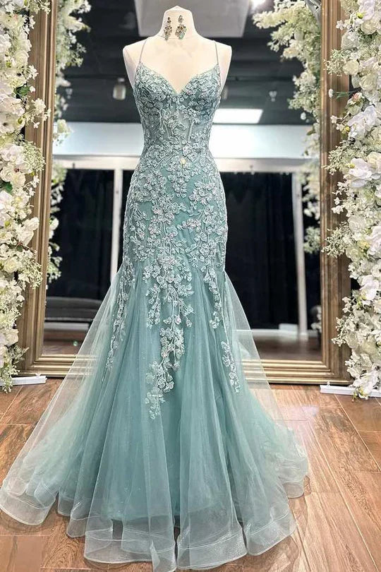 Tiffany Blue Spaghetti Straps Lace Appliques Mermaid V-Neck Tulle Long Prom Dress ED01438