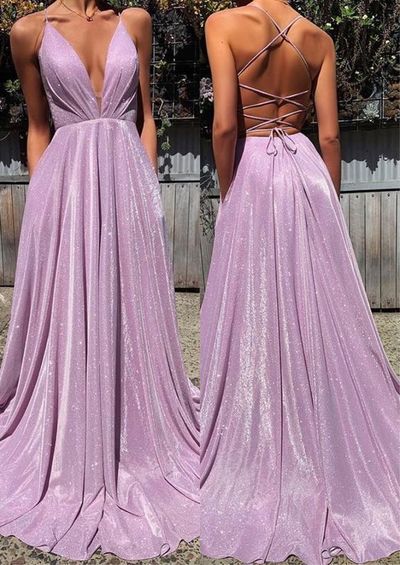 Sparkly A-Line Pink Sequin Prom Dresses V Neck Evening Dress ED01439